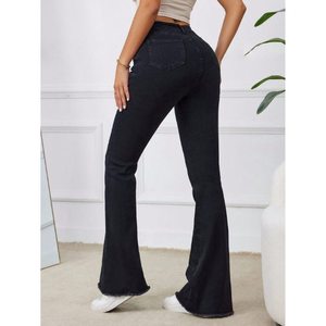 Vaqueros negros de mezclilla estilo vintage, corte bootcut, ajustados, de cintura alta, a la moda, modernos, con dobladillo acampanado, transpirables, ecológicos, talla 26-40 - Product Image 2