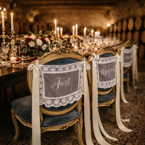 Élégantes bannières de chaise en dentelle transparente pour mariés, brodées « Just Married », pour décoration de table des mariés - Product Image 3