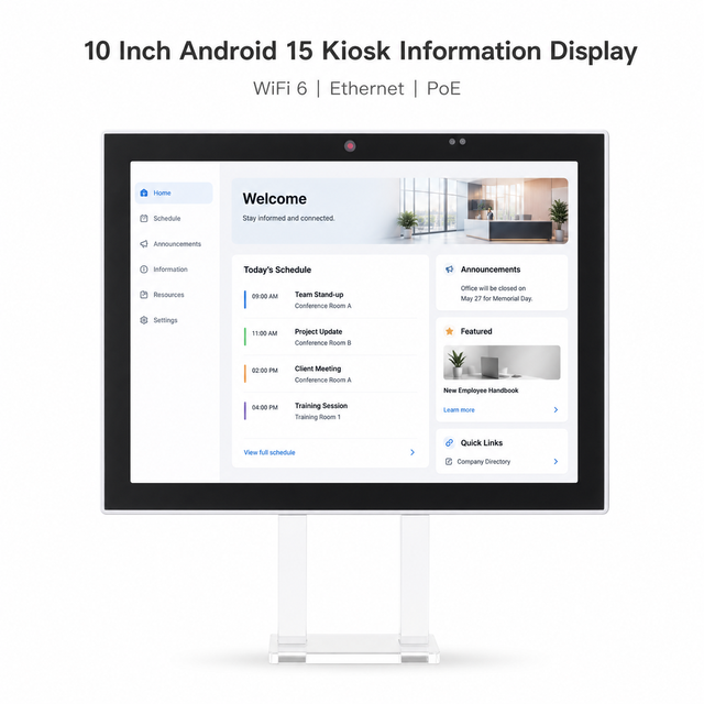 10 Inch Kiosk Browser Touchscreen Terminal Tablet WiFi 6 Ethernet 9V-36V DC Input Android 15 OS Anti-Dust Office Information