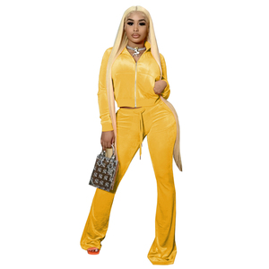 Solid Velvet Sweatsuit Women Two Piece Sport Suit Zipped Long Sleeve Crop Coat and <b>Bell</b> Bottom Pant Velour Tracksuit 2025 - Product Image 5