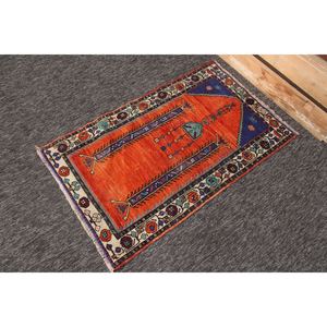 Alfombra Turca Vintage de 2.4x3.9 pies (73x118 cm), Alfombra Geométrica Herki Naranja y Azul - Product Image 3