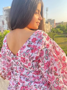 Bloque de mano indio impreso 100% algodón Boho Floral Vestido corto hecho a mano Casual elegante para dama de honor cintura Natural en venta - Product Image 2