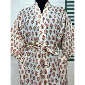 Boho Cotton Kimono Hand-Printed Floral Butterfly Pattern Lightweight Indian House Robe for Beach Vacation ODM Supply - Product Image 2
