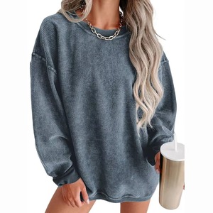 Venta al por mayor a granel en blanco liso de gran tamaño de punto acanalado hombro caído cuello redondo mujeres pulóver personalizado sudadera de manga larga - Product Image 3