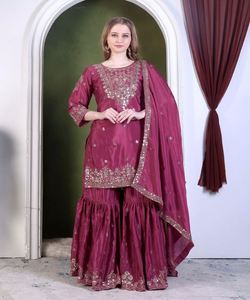 Dernier modèle de sharara avec kurta et dupatta en tissu de coton, broderie élégante pour les fêtes et les événements - Product Image 1
