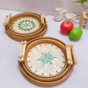 Bandejas MOP de ratán de diseño elegante para decoración de alimentos, bandeja con incrustaciones de mosaico de madreperla, servicio de pastelería de pan - Product Image 4