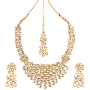Indian Gold Plated Jewelry Manufacturers Kundan Crystal Bridal Gargantilla Collar Conjunto de joyas para mujeres, Blanco - Product Image 1