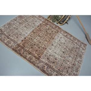 Alfombra turca vintage de área grande de 4,1x6,2 pies clásica Beige marrón patrón de retazos Material de lana respaldo de látex para pasillo de dormitorio - Product Image 4