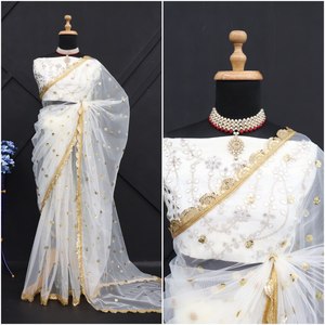 Màu Trắng Bướm Saree <span class=keywords><strong>net</strong></span> với chủ đề ưa thích và sequins làm việc với viền ren, chức năng đám cưới mặc Saree. - Product Image 6
