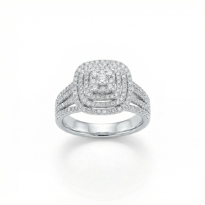 Élégante bague de fiançailles en argent sterling 925 avec double halo de diamants et tige fendue pour femme - Product Image 2