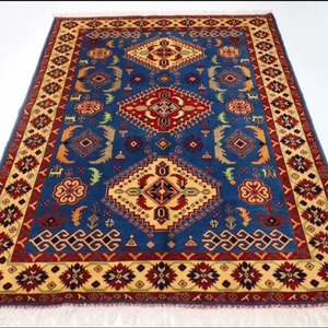 Tapis en laine noué à la main afghan bleu tribal Kazak personnalisable 5x8 6x9 9x12 tailles pour salon utilisation pique-nique - Product Image 1