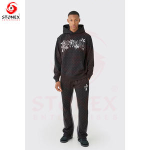 Ensemble deux pièces en coton personnalisé OEM ensembles sweat à capuche et pantalon vintage délavés avec fermeture éclair et strass survêtements avec patch délavé au soleil pour hommes - Product Image 2