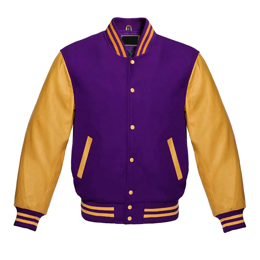 Chất Lượng Cao Cấp Letterman Bóng Chày Trường Cao Đẳng Máy Bay Ném Bom Varsity Áo Khoác Màu Tím & Vàng Da Chính Hãng Tay Áo Áo Khoác