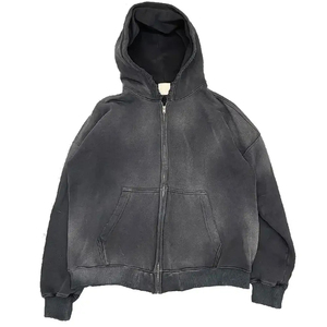 Sweat à capuche surdimensionné 100% coton pour hommes de haute qualité Vintage lavage à l'acide en relief fermeture éclair épaule tombante sweat-shirt d'hiver - Product Image 2