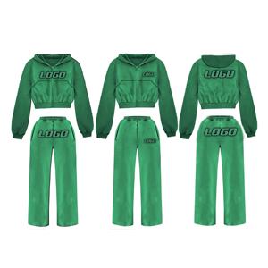 Invierno de las mujeres con estilo Hip Hop Streetwear Casual al aire libre recortada mujeres Sudadera con capucha acampanada Jogger Set con logotipo personalizado cuello con capucha - Product Image 3