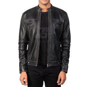 Veste de motard en cuir véritable à fermeture éclair noire pour hommes avec doublure noire matelassée et poches intérieures extérieures - Product Image 3
