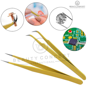 Juego de pinzas para extensión de pestañas de acero inoxidable amarillo ecológico, 6 uds., concepto de belleza con punta afilada - Product Image 5
