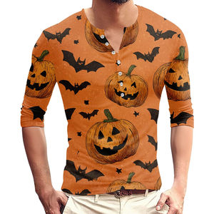 Camiseta estampada de Halloween para hombre, Camiseta holgada informal de manga de siete cuartos, Camiseta cómoda y transpirable con cuello en V para fiesta y diario - Product Image 2
