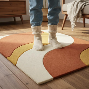 Tapis en laine ondulé rétro, style mid-century modern, couleur orange brûlé, pour salon, chambre, salle à manger, chambre d'amis - Product Image 4