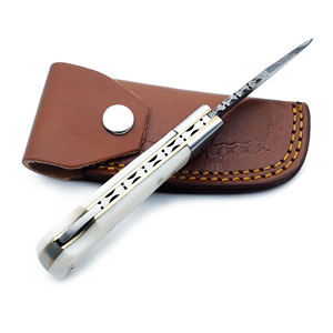 Couteau de poche fait main en acier damas avec manche en bois serrure arrière en résine blanche pliant chasse Camping couteau utilitaire gaine en cuir - Product Image 5