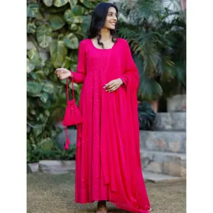 Conjunto de 3 Piezas para Mujer, Estilo Casual, Bordado Chikankari, Algodón Rosa, Manga Larga, Estilo Tradicional Indio, Secado Rápido, Transpirable - Product Image 2