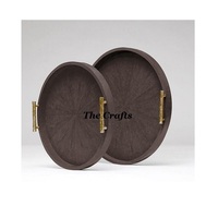 Plateau de service en bois et cuir de haute qualité, forme ronde, pour restaurant, hôtel et maison, plateau décoratif