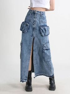 Falda Maxi Vaquera de Cintura Alta para Mujer, Color Sólido, Botones Frontales, Bolsillos con Abertura, Estilo Utilitario, Tela de Algodón para Otoño - Product Image 1