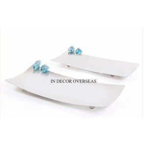 Lot de 2 plateaux de service en métal de haute qualité, avec revêtement en poudre de couleur blanche, de couleur bleue, design unique. - Product Image 1