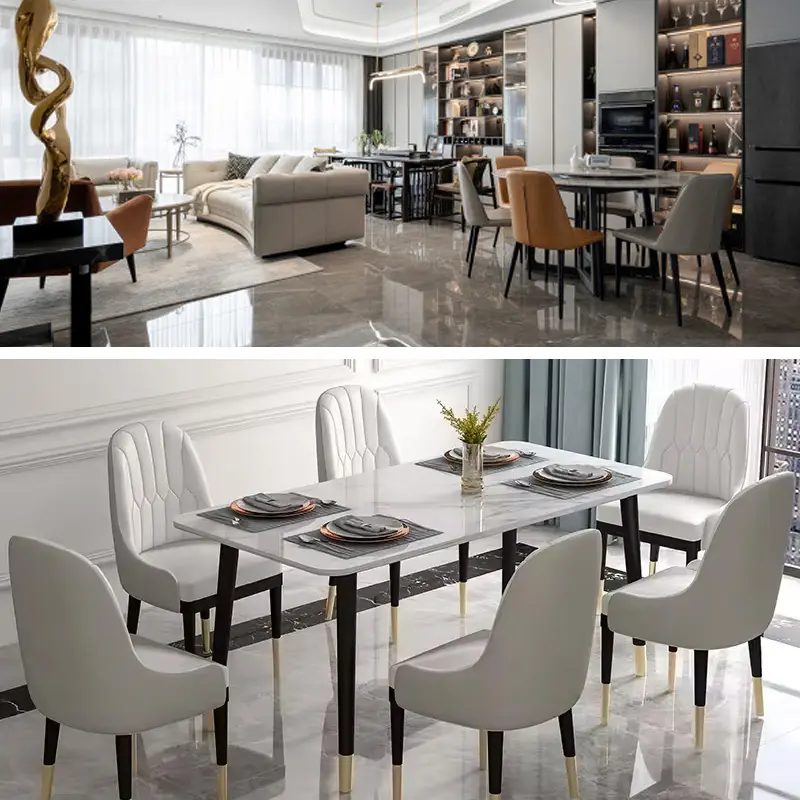 फ़र्निचर निर्माता डाइनिंग रूम फ़र्निचर के लिए ग्लास मार्बल टॉप के साथ कस्टम स्टेनलेस स्टील लक्ज़री डाइनिंग टेबल सेट की कीमत तय करते हैं