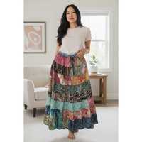 Jupe longue en mousseline de soie vintage indienne pour femme, confortable, élastique, à volants, style bohème, plage, gypsy, hippie