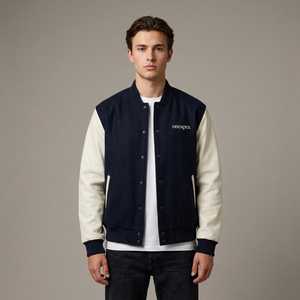 <b>Men's</b> Navy <b>Blue</b> Wool Jacket Cream Sleeves Custom Logo Rib Knit Collar Cuffs Snap Front Premium Streetwear Bomber Outerwear Style - Product Image 1