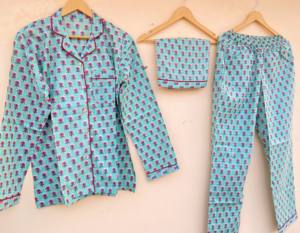 Ensemble pyjama 3 pièces 100% coton naturel bohème fait main ensemble T-Shirt pyjama et sac de rangement pour femmes pour vêtements de nuit d'été - Product Image 6