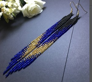 Bead <b>Earrings</b>, Black <b>Blue</b> Gold Very Long <b>Earrings</b>,extra Long <b>Earrings</b>, Fringe <b>Earrings</b>, Boho <b>Earrings</b>, Seed Bead <b>Earring</b> - Product Image 2