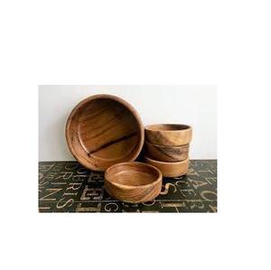 Bol à salade en bois d'acacia avec cuillère et fourchette, taille personnalisée, forme ronde, bol en bois à vendre - Product Image 4