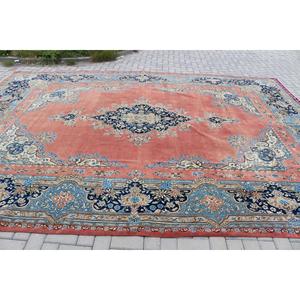 Tapis vintage 9,6x13,7 pieds, tapis turc surdimensionné, tapis en laine bleu rose à pois - Product Image 3