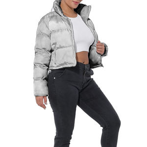 Chaqueta Corta Acolchada de Invierno para Mujer, Color Sólido, Manga Larga Abullonada, Cierre de Cremallera, Alta Calidad - Product Image 2