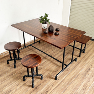 Industrial Design 4-Person Seating <b>Table</b> and Chair Set <b>with</b> <b>Foldable</b> Pipe <b>Legs</b> Acacia Wood Top for Farmhouse or Kitchen-CBBA109 - Product Image 5