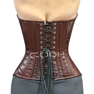 Corset bustier de luxe marron en PVC à texture reptile, avec armatures en acier, pour le modelage corporel, à bonnets pointus en V - Product Image 4
