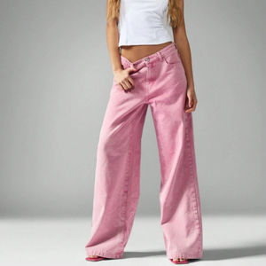 Hot Sale Wide Leg High <b>Waisted</b> Pastel Pink Cotton Denim Pants Woman Style Retro Button Casual Loose Fit Women's <b>Jeans</b> Pants - Product Image 4