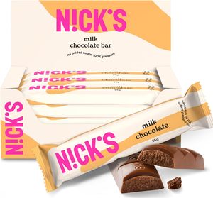 Barras de chocolate con leche NICKS sin azúcar añadido, 3.5g de carbohidratos netos, 112kcal, dulces bajos en carbohidratos (15 chocolates x 25g) - Product Image 1