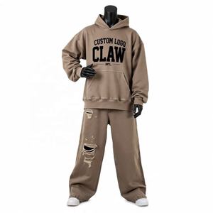 Chándal personalizado de fabricante, ropa de calle con diamantes de imitación, chándal de gran tamaño, holgado, recortado, lavado ácido, pantalones de chándal acampanados y conjunto de Sudadera con capucha - Product Image 6