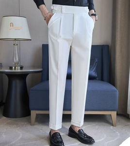 Pantalones lisos informales para hombre, pantalones rizados italianos ligeros drapeados de pierna recta de cintura alta - Product Image 1