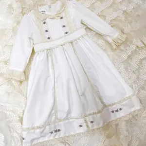 Hand Embroidery Flower Connect Lace Boutique Vintage Baby Girl Dress Royal Style White Long Sleeves Handmade - Charlotte Dress