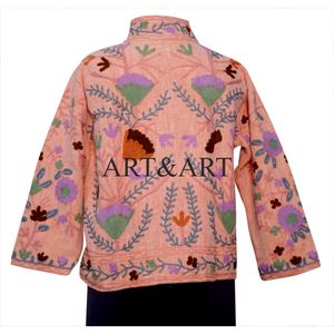 Veste matelassée Suzani TNT 100% pour femmes, faite à la main, longue, brodée, rembourrage en coton, design tricoté respirant, version courte - Product Image 5