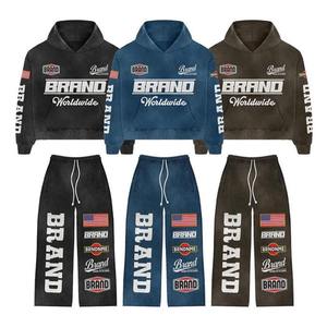 Custom Sweat Jogger Stacked Pants Set Chándales 2 piezas Traje de sudor Bordado desgastado Sudadera con capucha y pantalones de chándal acampanados Conjuntos para hombres - Product Image 5