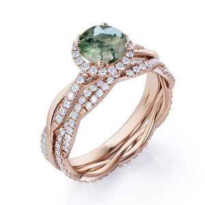 925 Sterling Silver <b>Moss</b> <b>Agate</b> and Moissanite Bridal <b>Ring</b> with Environmental Friendly Classic Design for Wedding & Engagement - Product Image 4