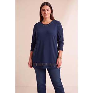 Blusa de punto con cuello y mangas con detalles de falda, talla grande, color azul marino - Product Image 1