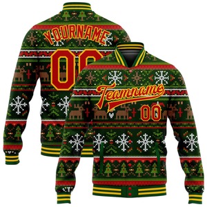 Vente en gros directe de l'industrie, veste bomber décontractée d'hiver personnalisée, verte, rouge-or, Noël, 3D, entièrement à boutons-pression, veste de sport universitaire - Product Image 2