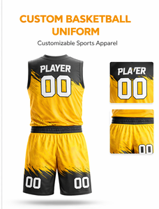 Ensemble d'uniformes de basket-ball sublimés personnalisés |   Maillot et short sans manches jaune et noir |   Vêtements de sport pour équipes OEM - Product Image 5
