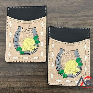 Tarjetero de Cuero Vacuno Hecho a Mano Personalizado al por Mayor, Diseño Floral y de Herradura, Estilo Occidental, Porta Tarjetas de Crédito - Product Image 1